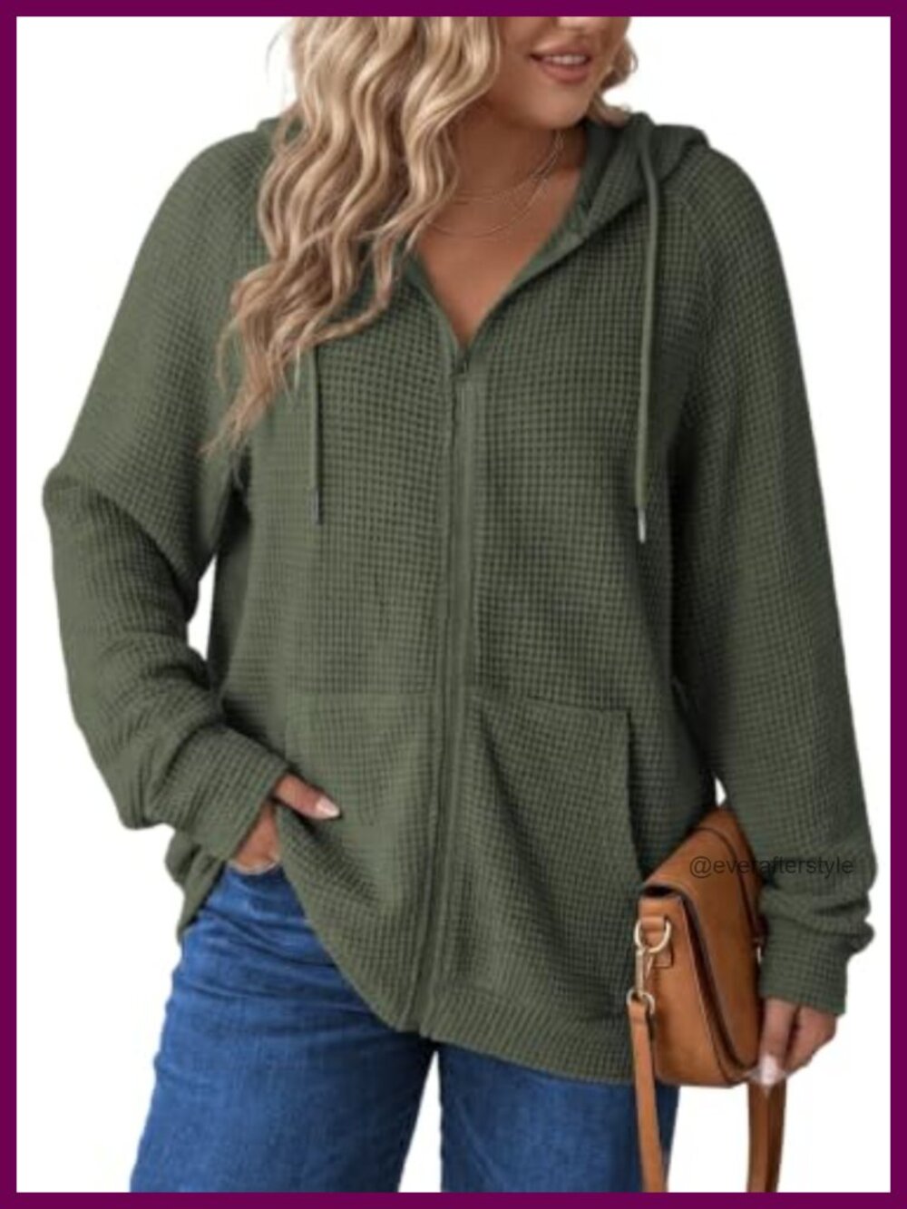Womens Waffle Knit Zip Up Hoodie Oversized Drawstring Sweatshirt